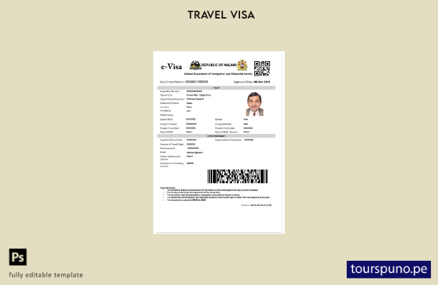 Plantilla de visa electrónica para Malawi lista para imprimir